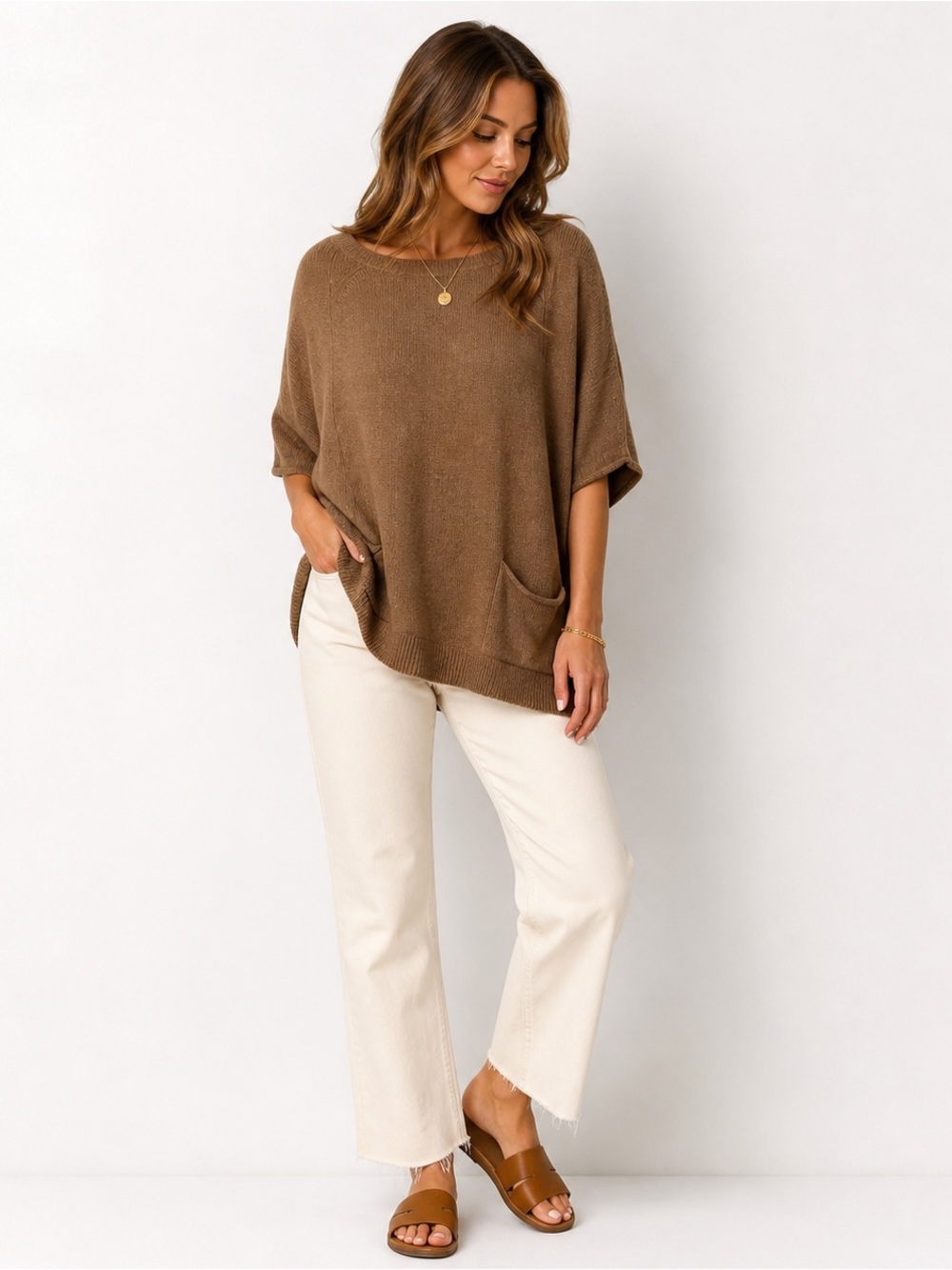 BCBG Max Azria Brown Knit Tunic Sweater Quiet Luxury Pockets S